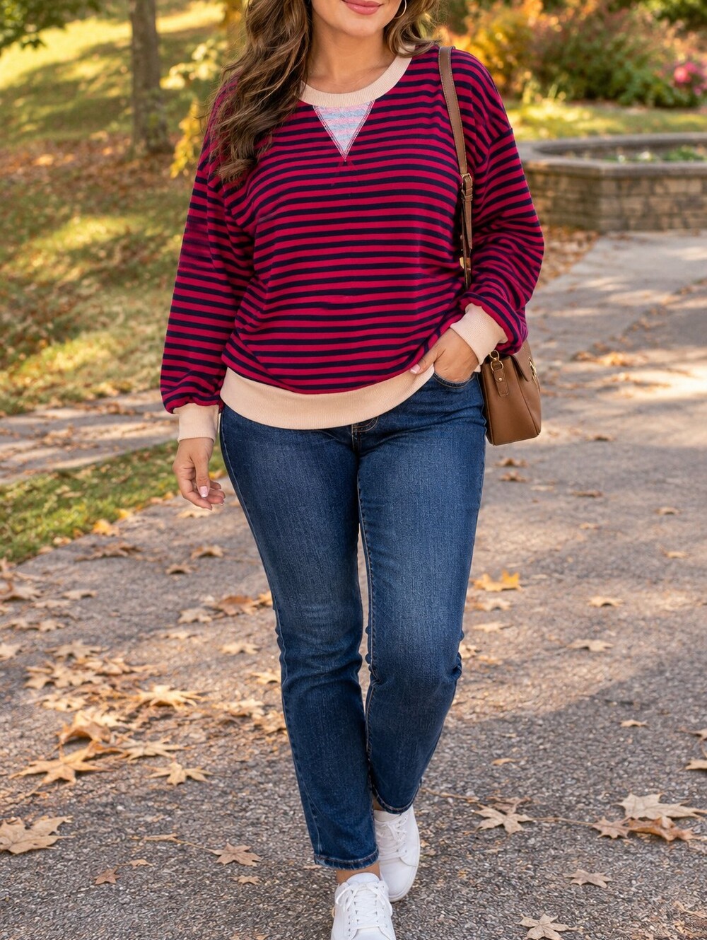 Xieerduo Striped Crewneck Sweatshirt Pink Navy Cotton Blend Casual Pullover Y2K